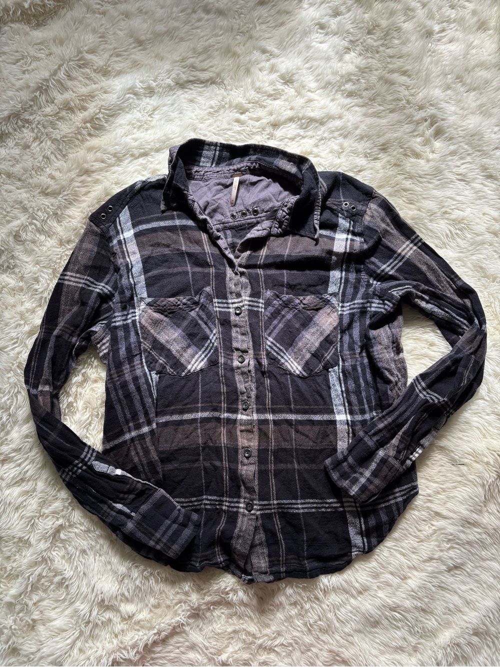 Free People Black and Gray Plaid Button-Up Shirt